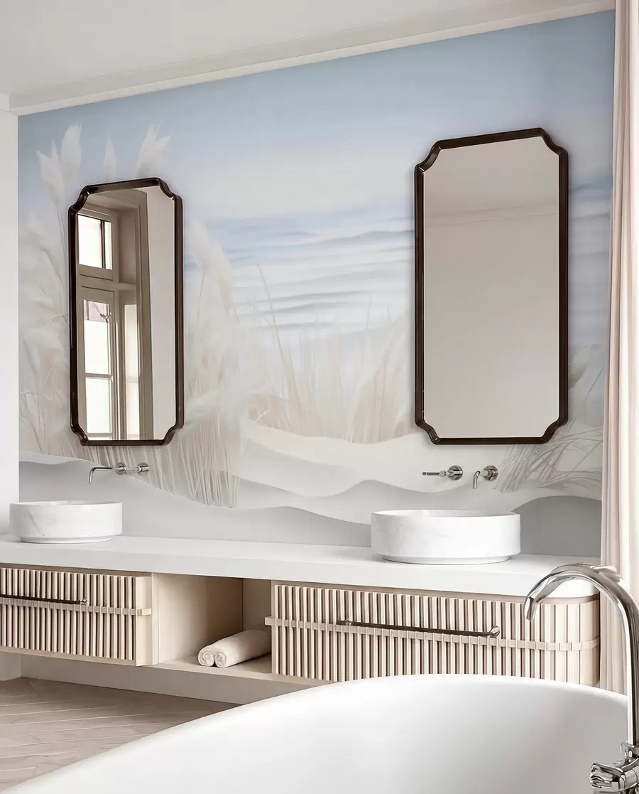 murais de parede Paisagem com erva dos pampas branca numa duna de areia, com um oceano azul claro ao fundo, estilo suave e minimalista w09132