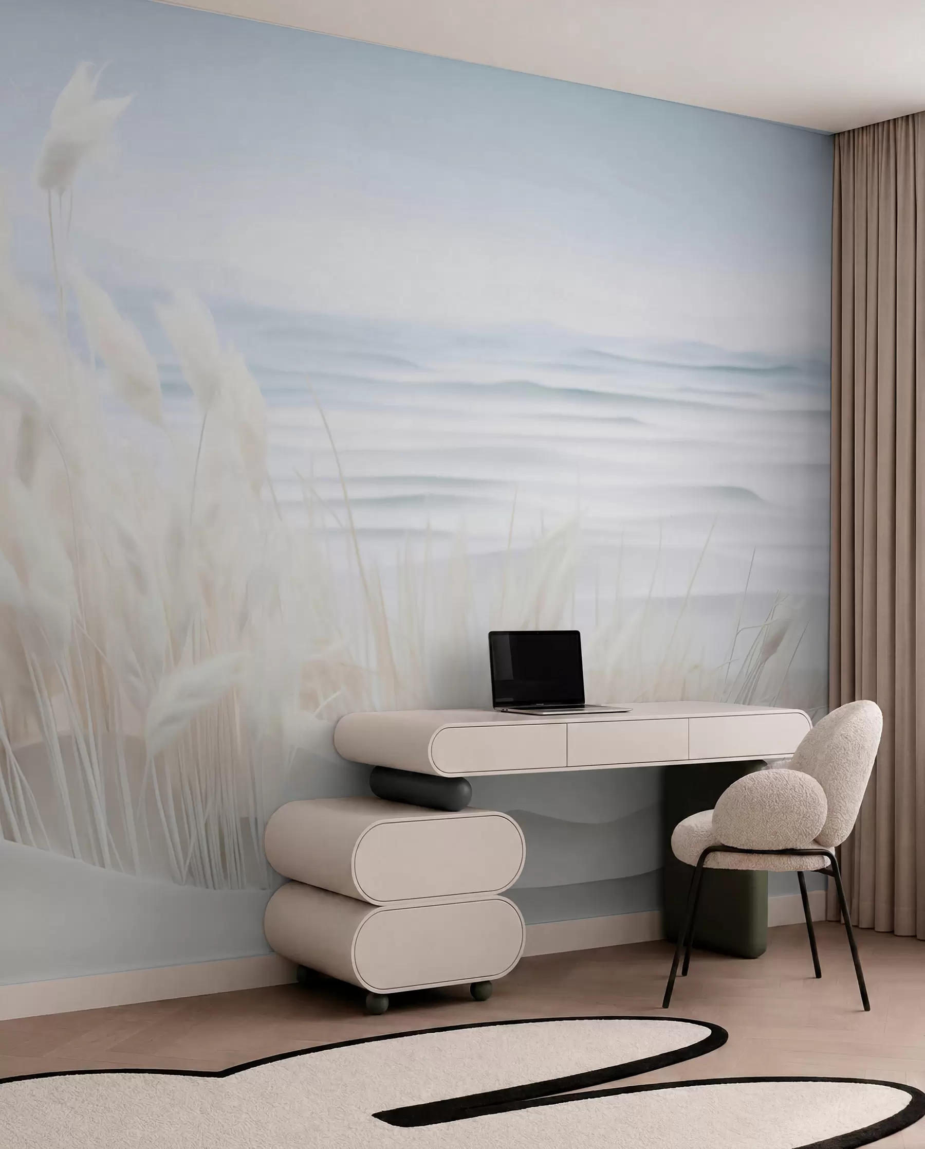 murais de parede Paisagem com erva dos pampas branca numa duna de areia, com um oceano azul claro ao fundo, estilo suave e minimalista w09132