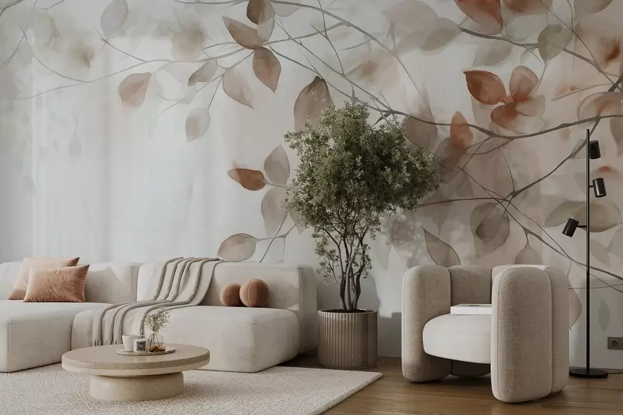 murais de parede Pintura textural a aguarela imitação de folhas e ramos castanhos, cores suaves, pormenores delicados sobre um fundo branco w09133