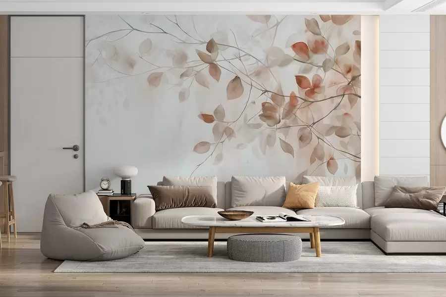 murais de parede Pintura textural a aguarela imitação de folhas e ramos castanhos, cores suaves, pormenores delicados sobre um fundo branco w09133
