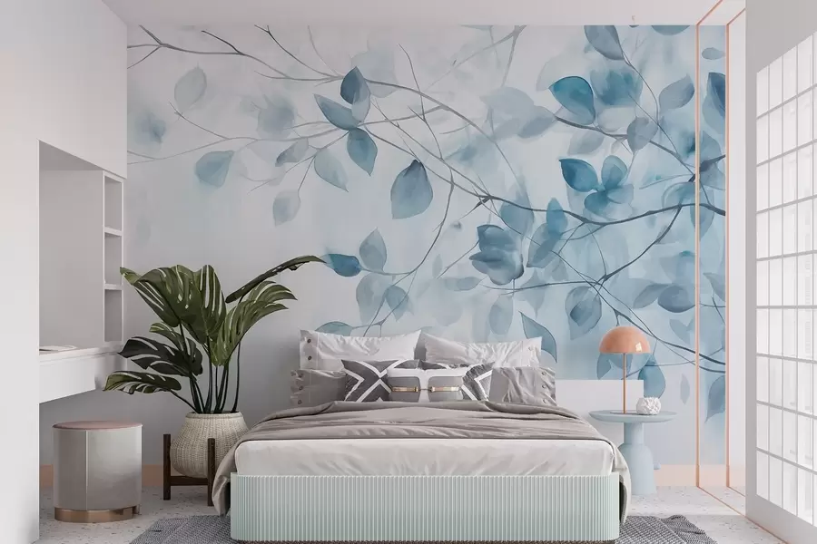 murais de parede Pintura textural a aguarela imitação de folhas e ramos azuis, cores suaves, pormenores delicados sobre um fundo branco w09133v1