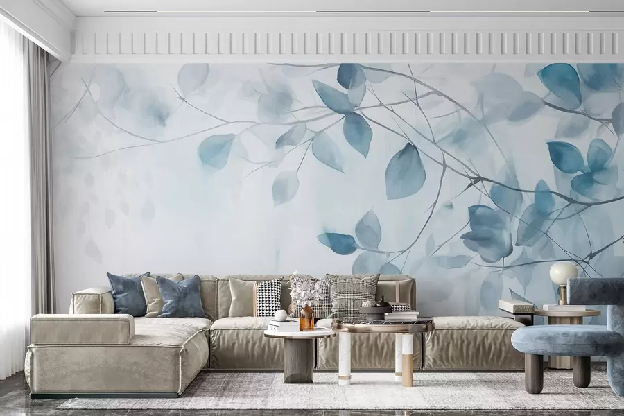 murais de parede Pintura textural a aguarela imitação de folhas e ramos azuis, cores suaves, pormenores delicados sobre um fundo branco w09133v1