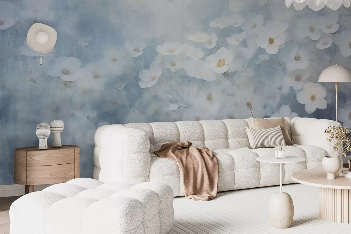 murais de parede Campo textural de flores de anémonas brancas, focagem suave, atmosfera de sonho, paleta de cores azul claro e branco, prado primaveril w09134