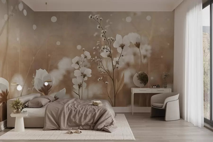 murais de parede Flores brancas com caules e folhas castanhos num campo, efeito bokeh, paleta de cores quentes, obra de arte elegante inspirada na natureza w09135