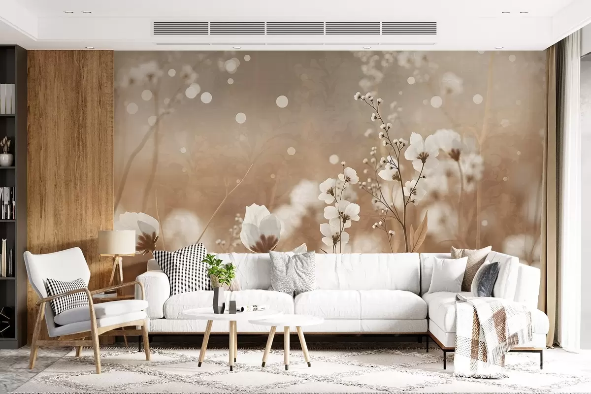 murais de parede Flores brancas com caules e folhas castanhos num campo, efeito bokeh, paleta de cores quentes, obra de arte elegante inspirada na natureza w09135