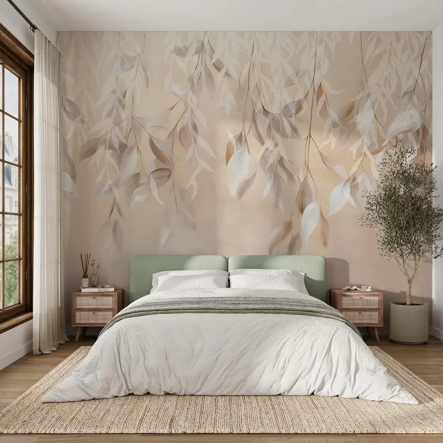 murais de parede Folhas brancas e bege texturadas penduradas com uma paleta de cores suaves, pêssego, cinzento e fundo branco delicado  w09136