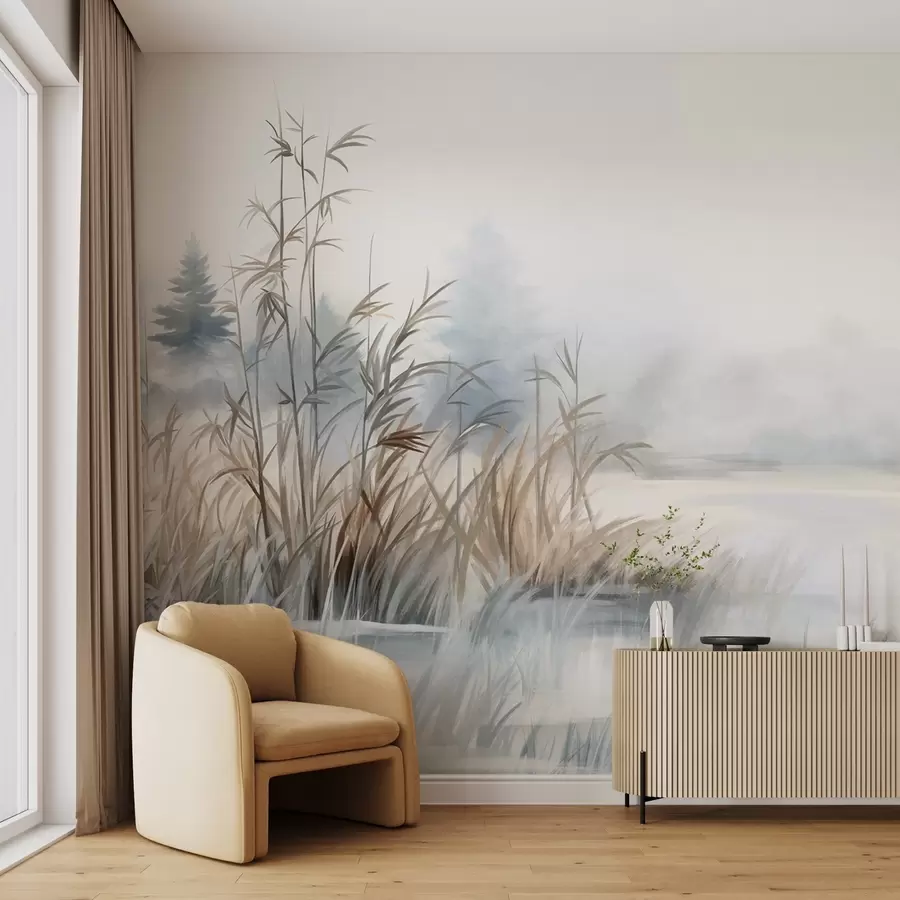 murais de parede Paisagem texturada de um lago com ervas altas em primeiro plano, azul e castanho suaves, água calma, árvores ao longe w09137