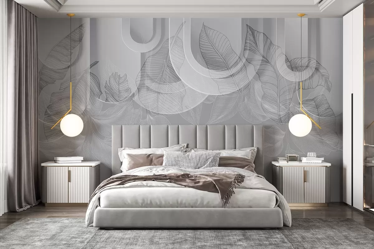 murais de parede Fundo abstrato com arcos cinzentos e folhas tropicais brancas, design minimalista, elegante e moderno, paleta de cores neutras w09138