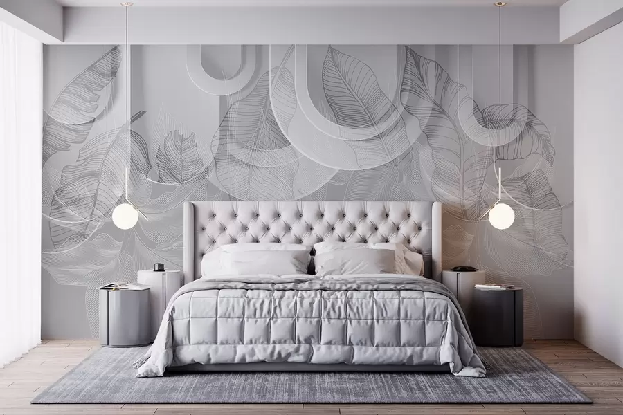 murais de parede Fundo abstrato com arcos cinzentos e folhas tropicais brancas, design minimalista, elegante e moderno, paleta de cores neutras w09138