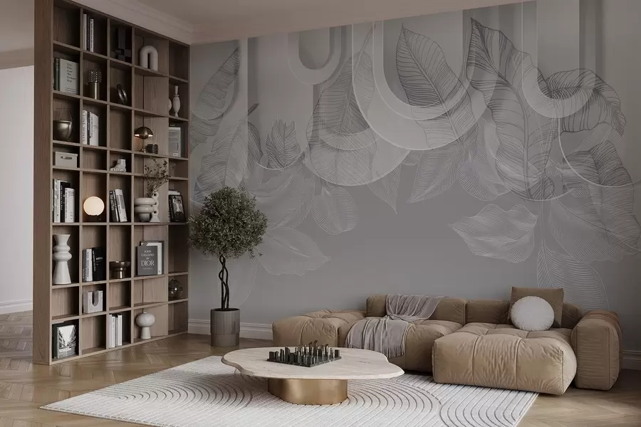 murais de parede Fundo abstrato com arcos cinzentos e folhas tropicais brancas, design minimalista, elegante e moderno, paleta de cores neutras w09138