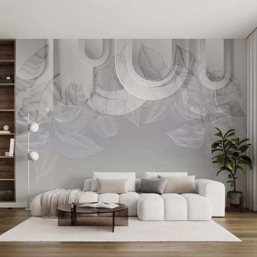 murais de parede Fundo abstrato com arcos cinzentos e folhas tropicais brancas, design minimalista, elegante e moderno, paleta de cores neutras w09138