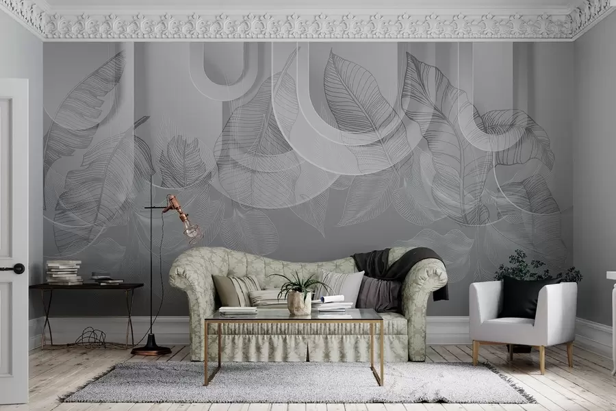 murais de parede Fundo abstrato com arcos cinzentos e folhas tropicais brancas, design minimalista, elegante e moderno, paleta de cores neutras w09138