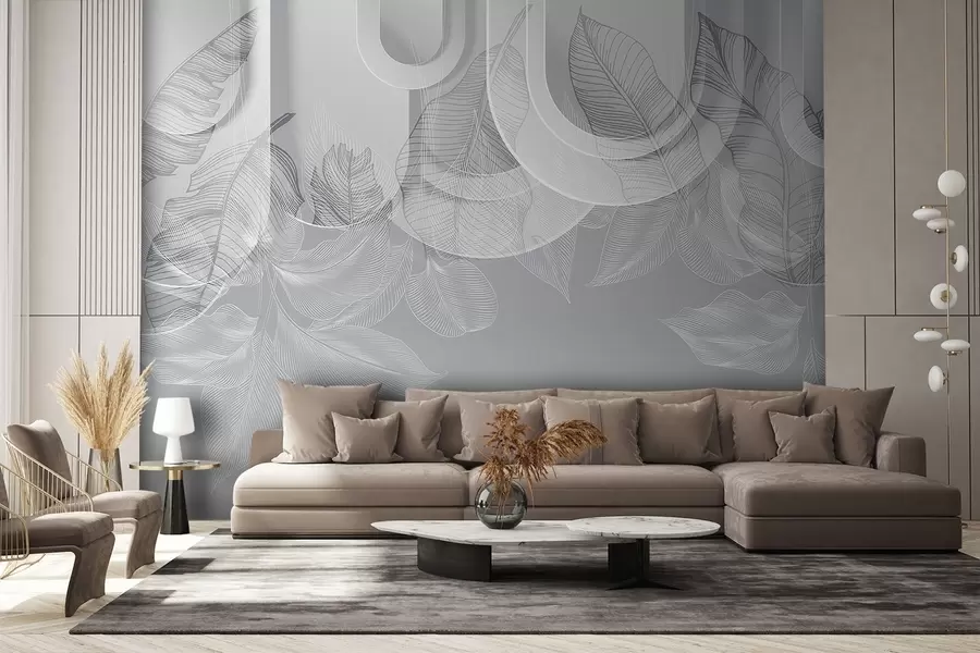 murais de parede Fundo abstrato com arcos cinzentos e folhas tropicais brancas, design minimalista, elegante e moderno, paleta de cores neutras w09138