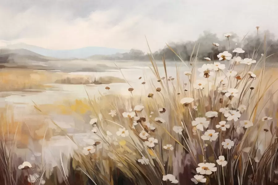 murais de parede Campo de relva alta e margaridas brancas, árvores ao fundo, sob um céu nublado, paisagem texturada, pinceladas suaves w09139