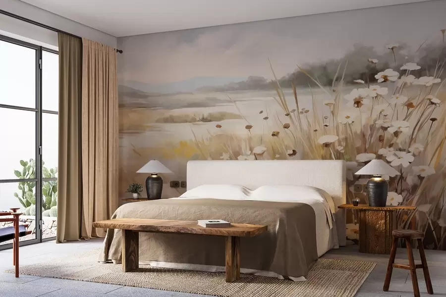 murais de parede Campo de relva alta e margaridas brancas, árvores ao fundo, sob um céu nublado, paisagem texturada, pinceladas suaves w09139