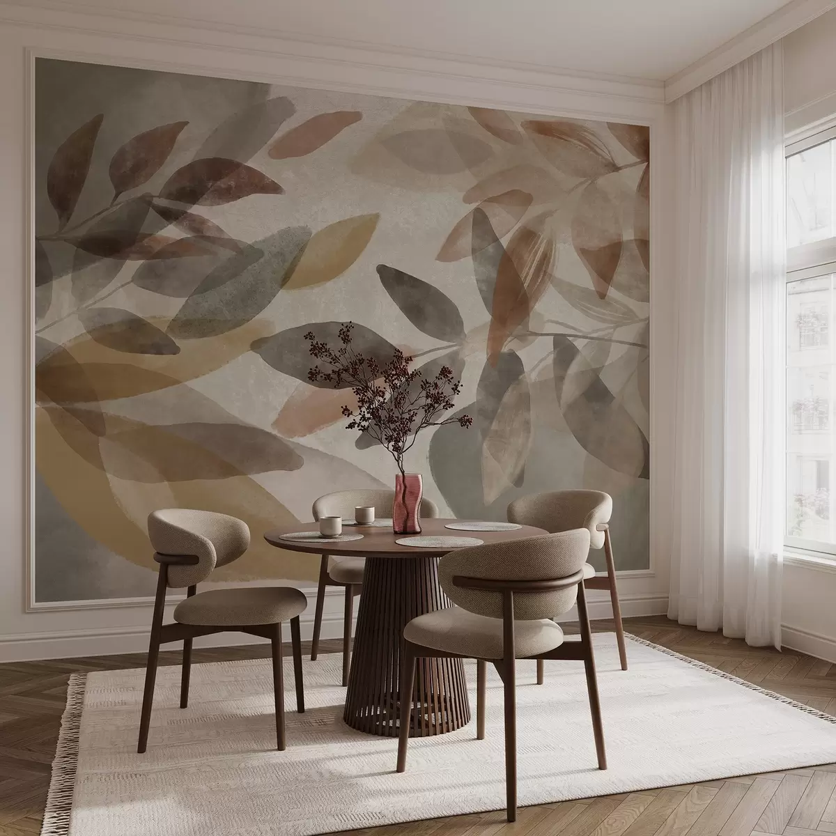 murais de parede Folhas abstractas texturadas em tons suaves de castanho, bege e cinzento, formas transparentes, estilo minimalista, formas orgânicas w09140