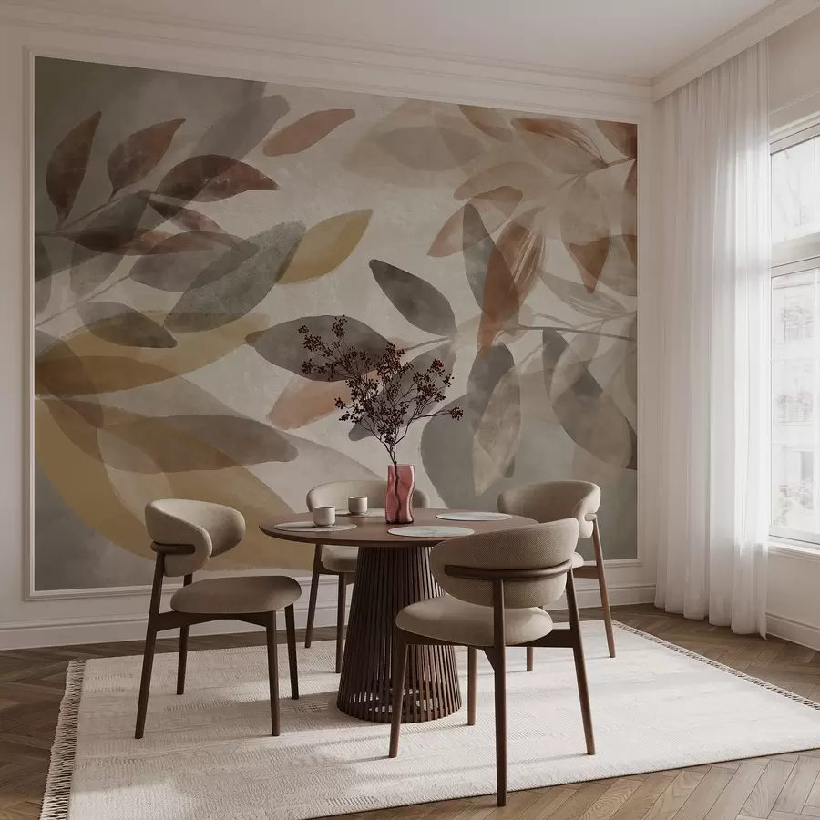 murais de parede Folhas abstractas texturadas em tons suaves de castanho, bege e cinzento, formas transparentes, estilo minimalista, formas orgânicas w09140