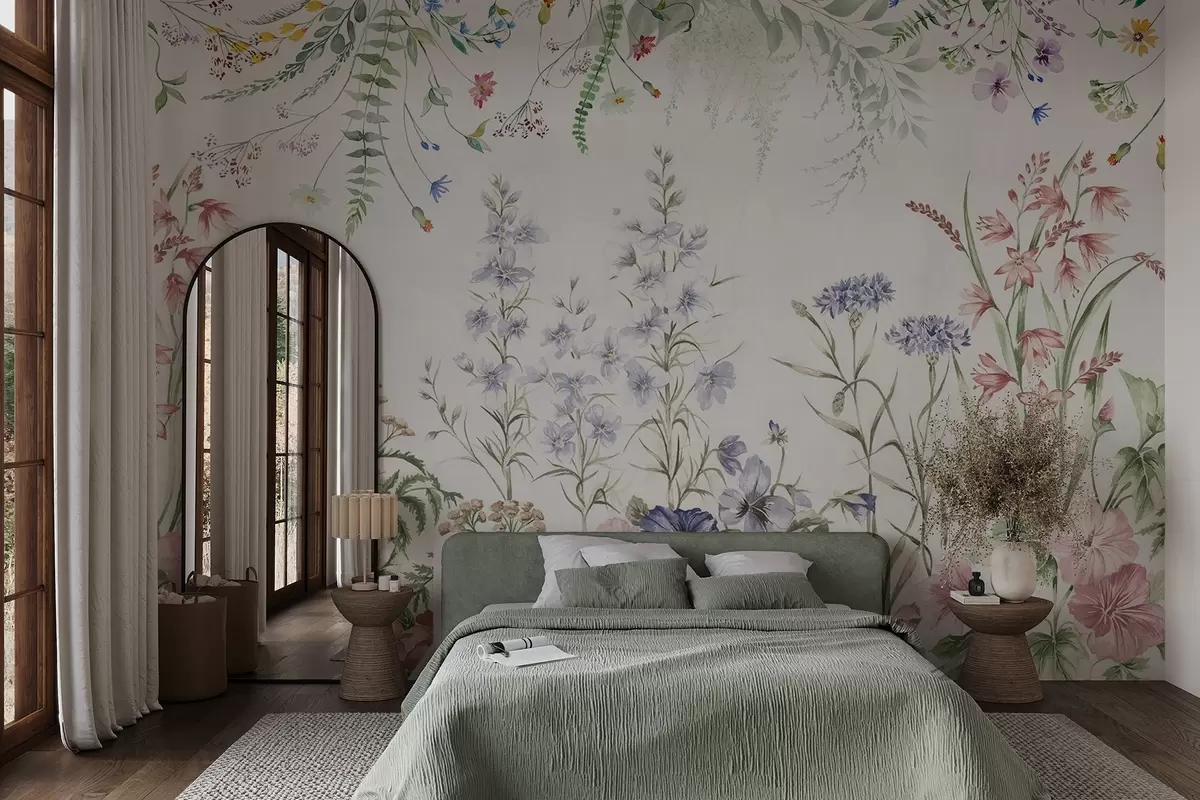 murais de parede Arranjo floral textural com flores coloridas e folhas verdes, ilustração botânica, cores pastel suaves, estilo vintage w09143