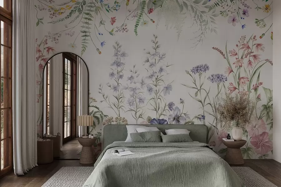 murais de parede Arranjo floral textural com flores coloridas e folhas verdes, ilustração botânica, cores pastel suaves, estilo vintage w09143