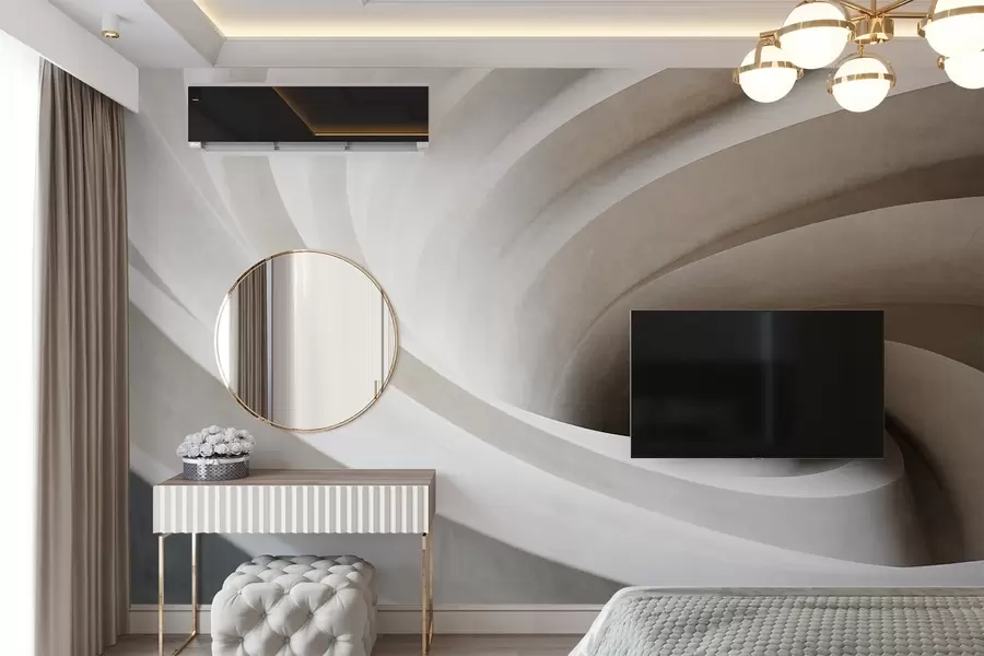 murais de parede Redemoinho abstrato texturado de camadas brancas e bege, criando um efeito de vórtice, composição dinâmica, design minimalista moderno w09144