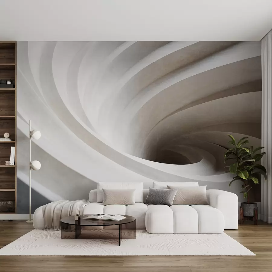 murais de parede Redemoinho abstrato texturado de camadas brancas e bege, criando um efeito de vórtice, composição dinâmica, design minimalista moderno w09144