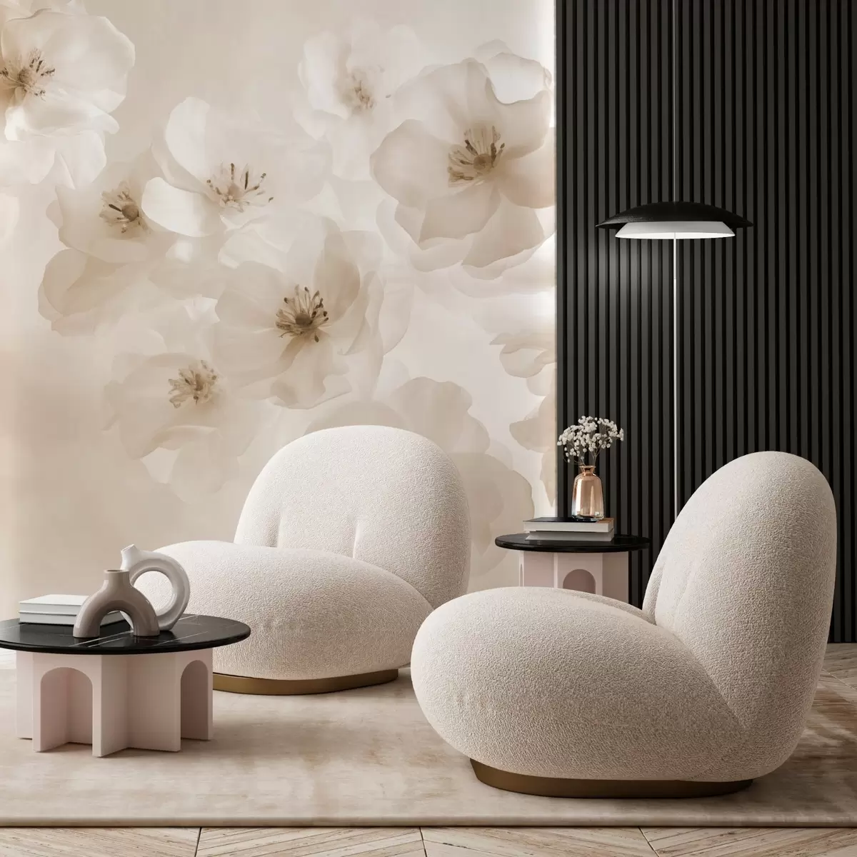 murais de parede Flores grandes e delicadas, em tons de bege w03931v2