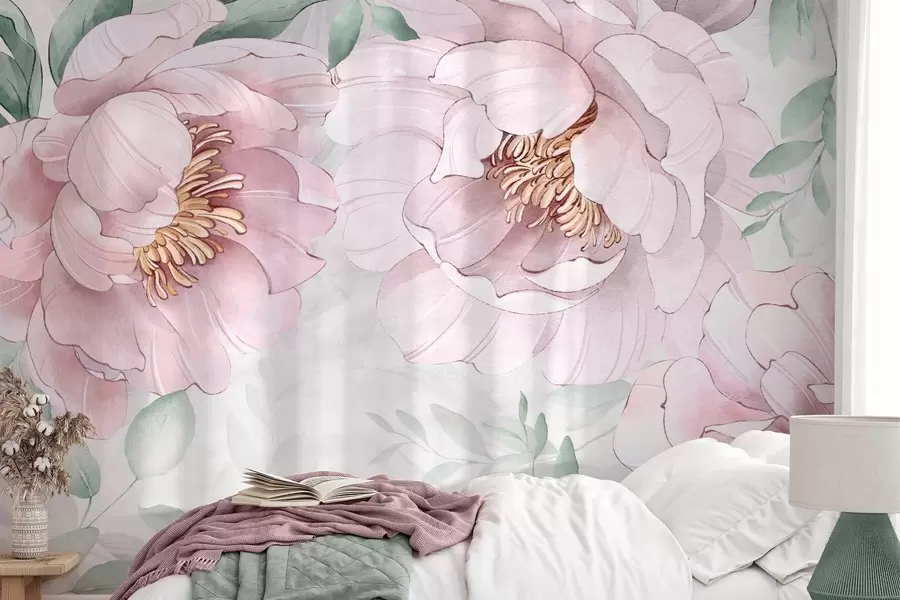 murais de parede Aquarela de imitação de peónias cor-de-rosa w03932v2