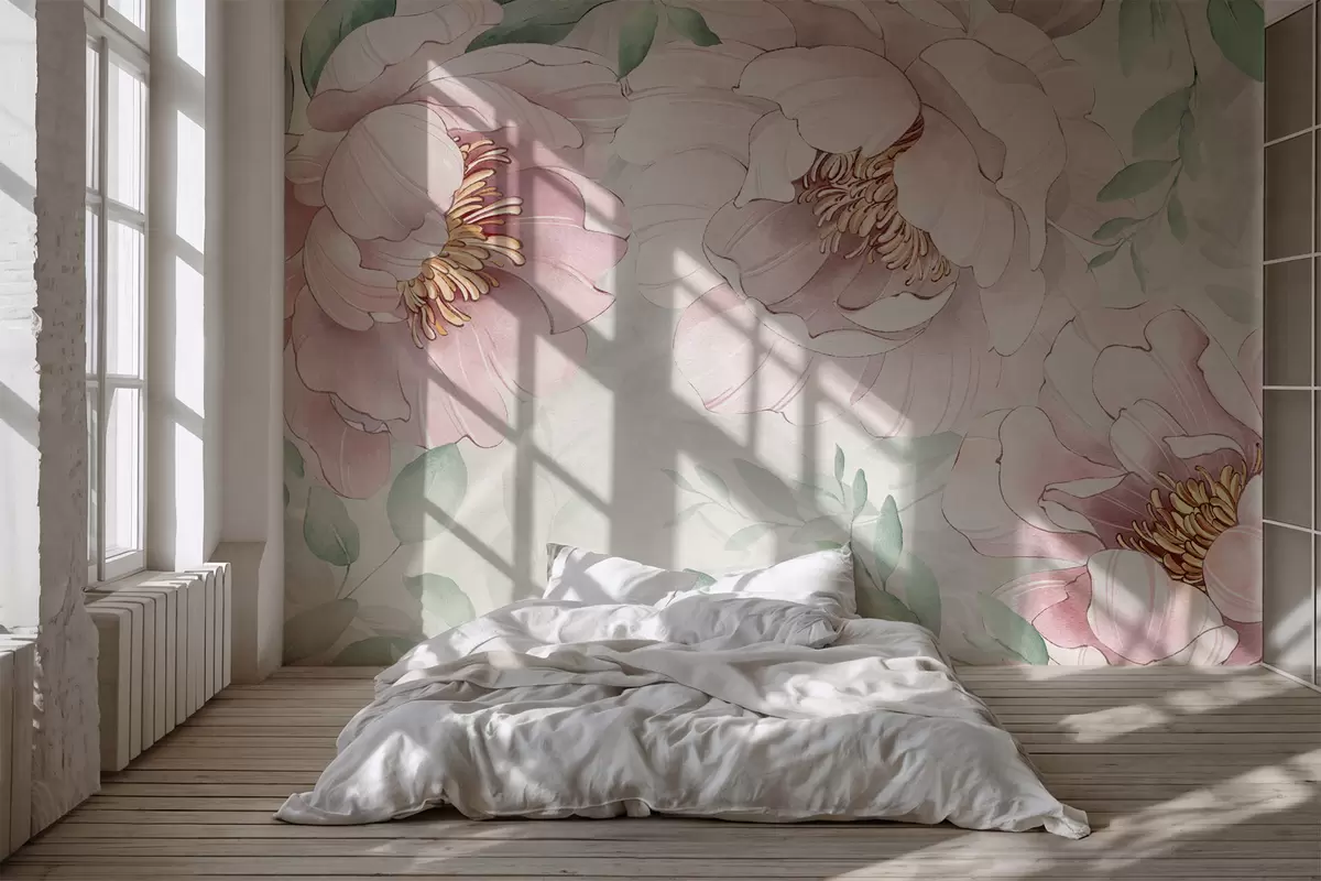 murais de parede Aquarela de imitação de peónias cor-de-rosa w03932v2