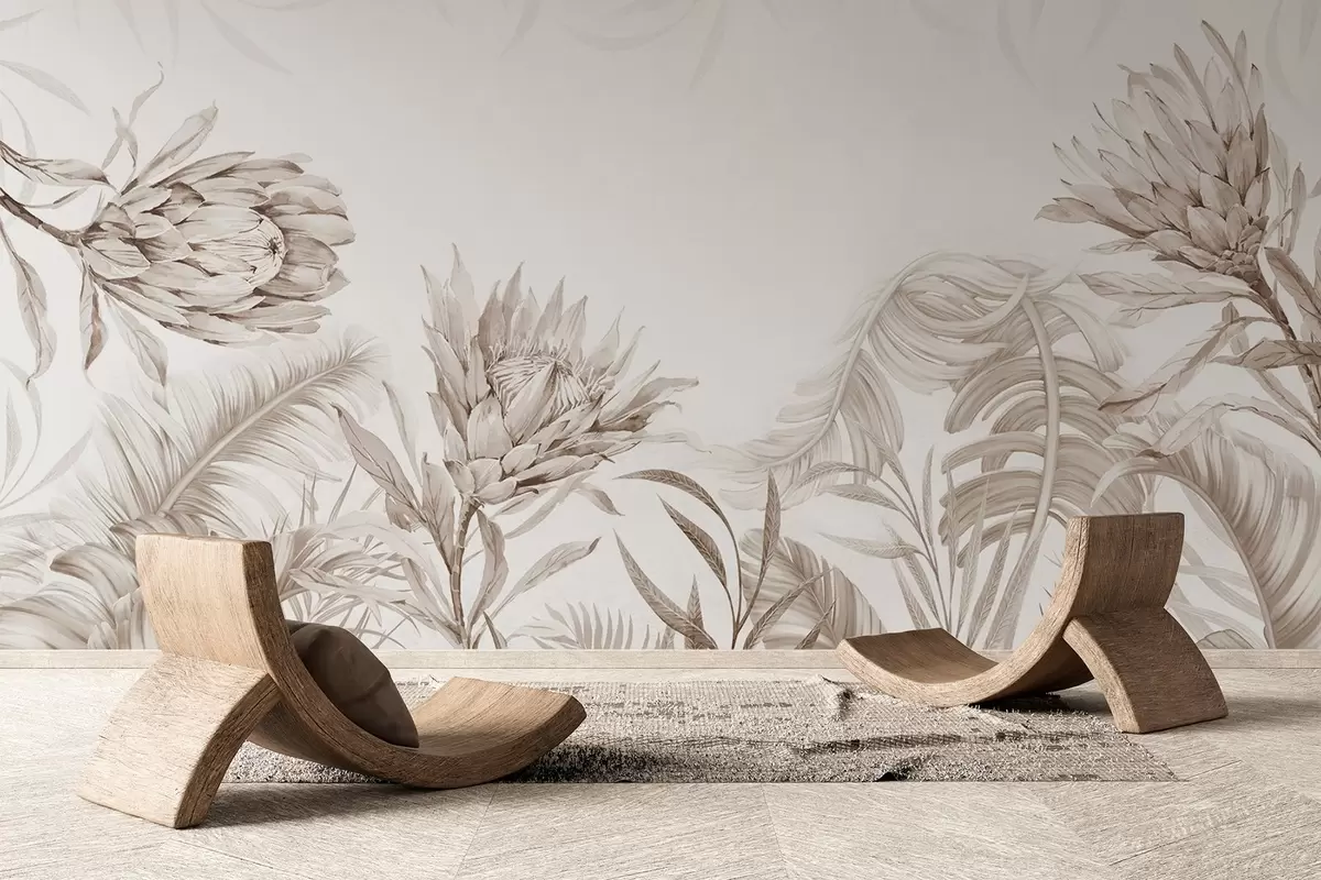 murais de parede Protea entre folhas tropicais, tons de bege w03952