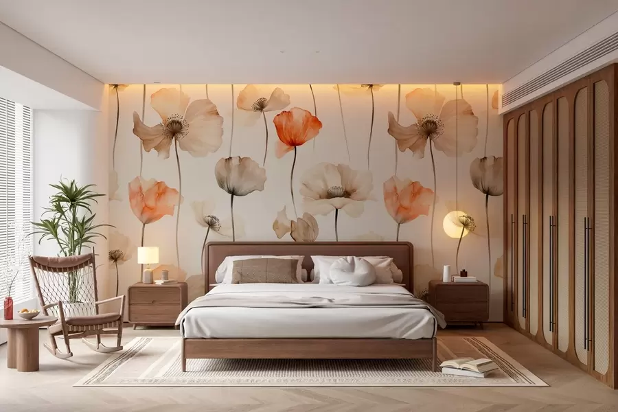 murais de parede papoilas encaracoladas em estilo aguarela w04031
