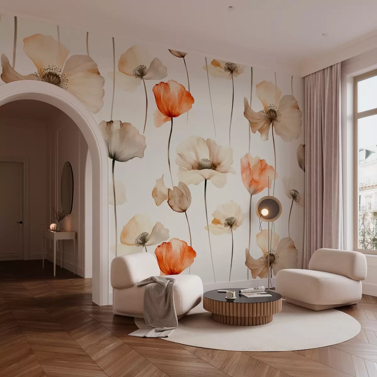 murais de parede papoilas encaracoladas em estilo aguarela w04031