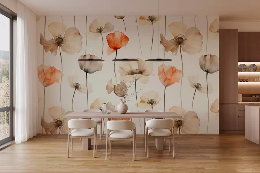 murais de parede papoilas encaracoladas em estilo aguarela w04031