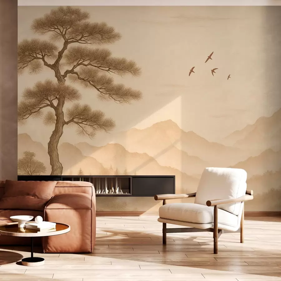 murais de parede panorama das colinas com uma grande árvore em estilo sépia w04033