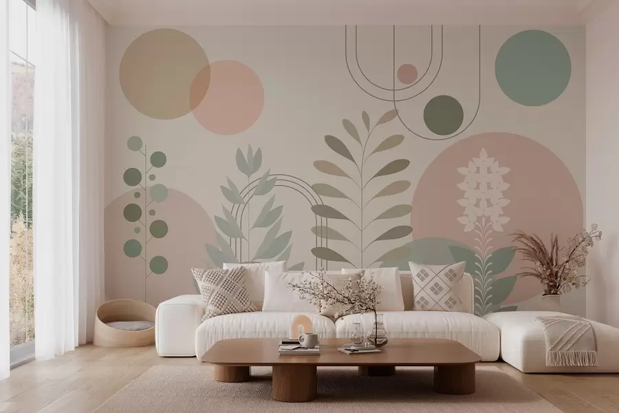 murais de parede abstração geométrica com círculos e plantas estilizadas sobre um fundo creme w04070