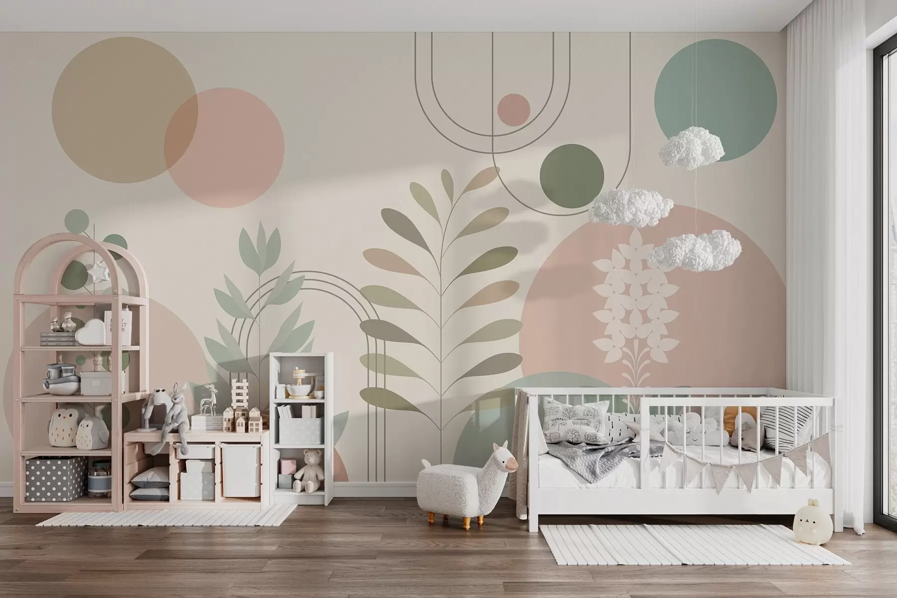 murais de parede abstração geométrica com círculos e plantas estilizadas sobre um fundo creme w04070