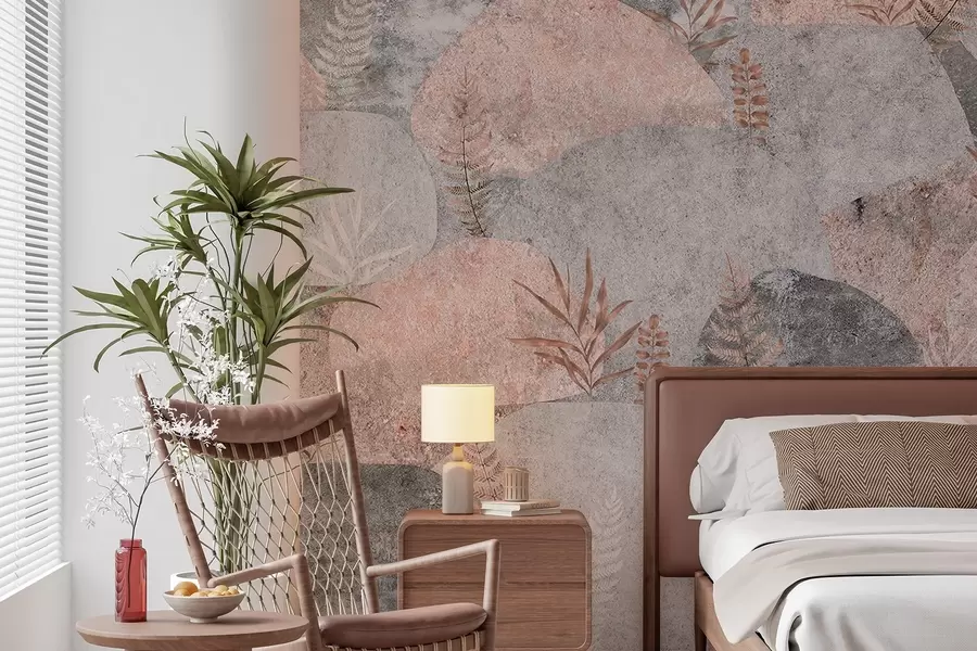 murais de parede Pedras com plantas, fetos, estilo nórdico, rústico, cinzento e cor-de-rosa w04064v1