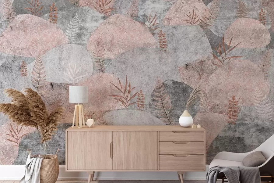 murais de parede Pedras com plantas, fetos, estilo nórdico, rústico, cinzento e cor-de-rosa w04064v1