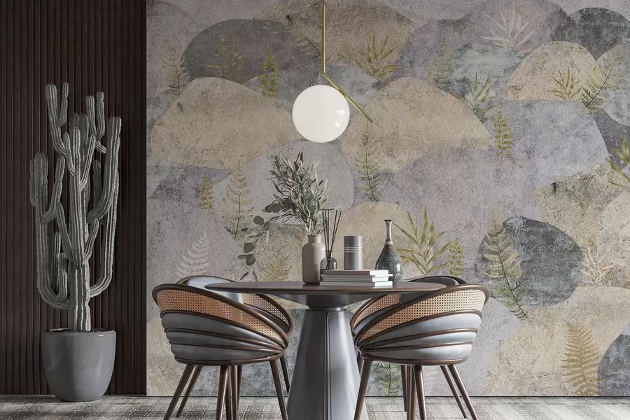 murais de parede Pedras com plantas, fetos, estilo nórdico e rústico, cores cinzentas e areia w04064