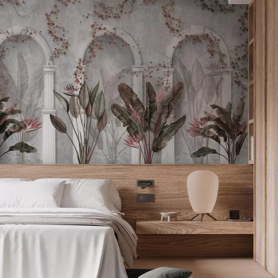 murais de parede Parede de betão com arcos e plantas tropicais, florais, cores bordeaux w04065v1