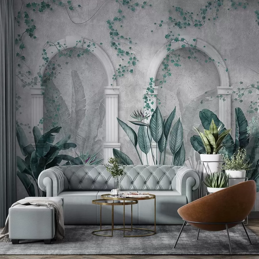 murais de parede Parede de betão com arcos e plantas tropicais, cores florais e azuis w04065v2