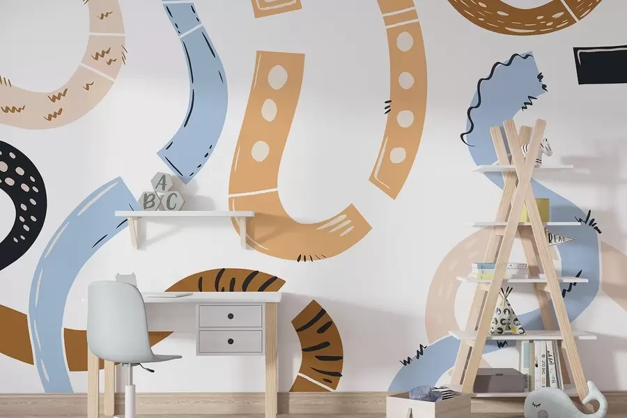 murais de parede Desenhos abstractos, juvenis, rabiscos, castanho, azul, rosa w04066