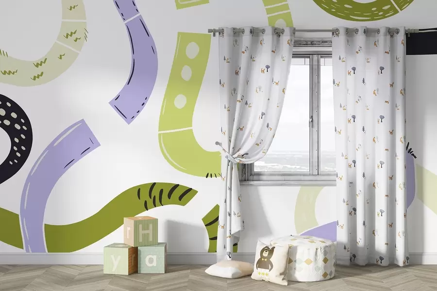 murais de parede Desenhos abstractos, juvenil, rabiscos, verde, roxo w04066v1