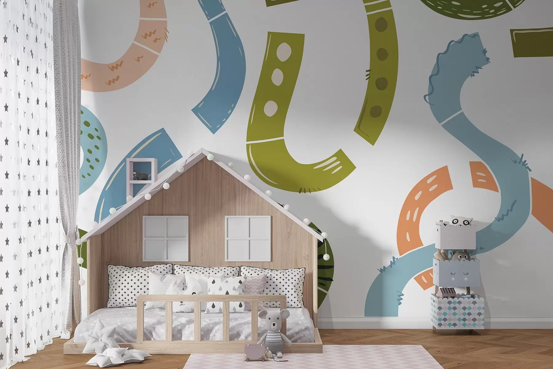 murais de parede Desenhos abstractos, juvenis, rabiscos, verde, azul, rosa w04066v2