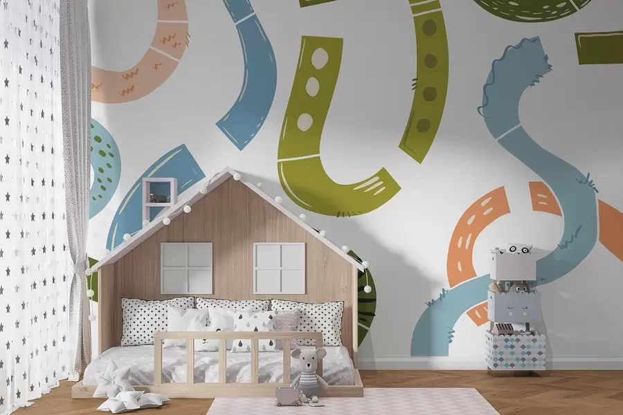 murais de parede Desenhos abstractos, juvenis, rabiscos, verde, azul, rosa w04066v2