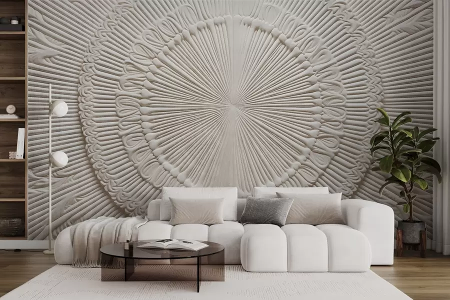 murais de parede Impressão circular abstrata texturada com linhas radiais e elementos decorativos, desenho simétrico, textura em relevo w09154