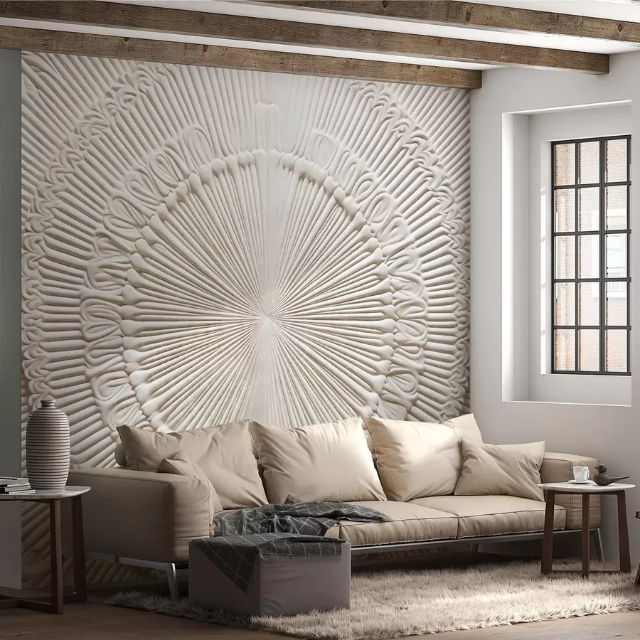 murais de parede Impressão circular abstrata texturada com linhas radiais e elementos decorativos, desenho simétrico, textura em relevo w09154