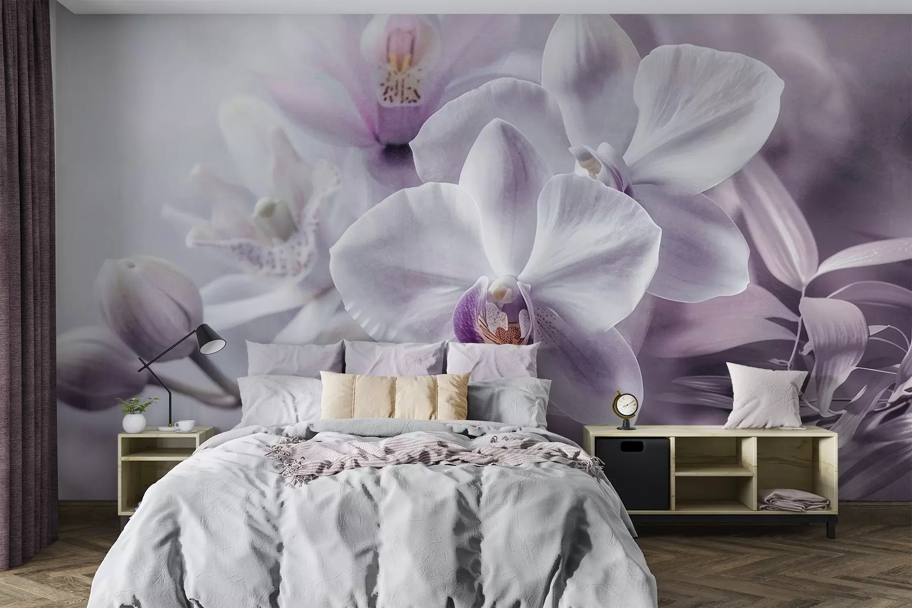 murais de parede Flores de orquídeas delicadas brancas e lilases, iluminação suave e um fundo texturado desfocado  w09155