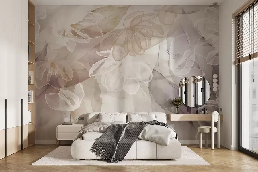 murais de parede Flores e folhas com pétalas transparentes em tons de branco, bege e roxo, suaves e delicadas w09158