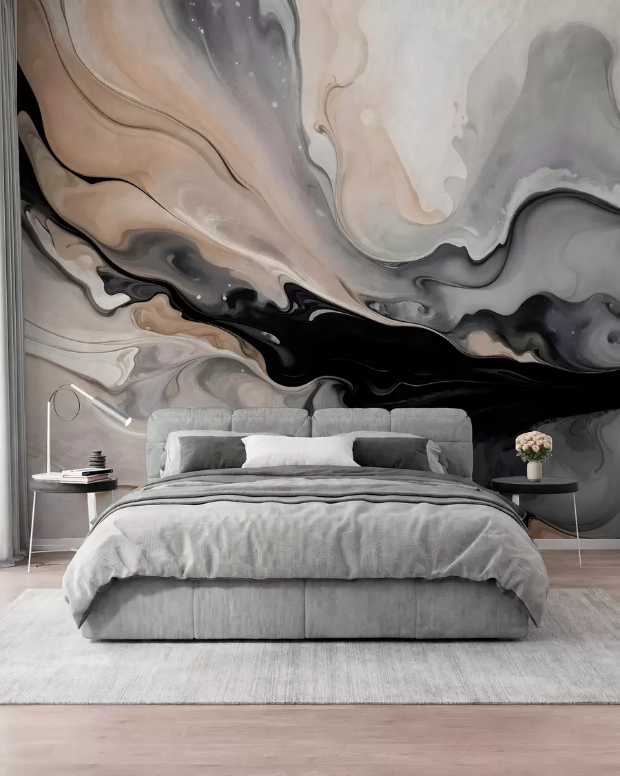murais de parede Pintura abstrata de textura fluida em tons de preto, branco, cinzento e bege imitação de mármore w09160