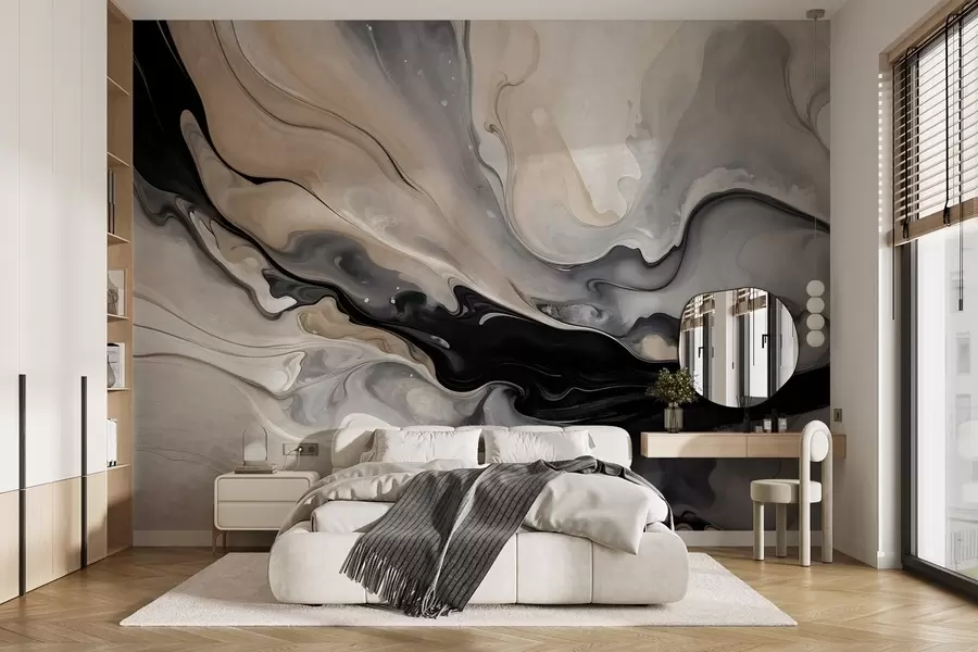 murais de parede Pintura abstrata de textura fluida em tons de preto, branco, cinzento e bege imitação de mármore w09160